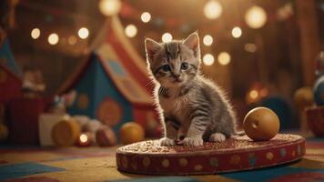 A playful kitten in a circus-themed setting with colorful decor and soft lighting. photo