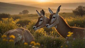 Two antelopes in a sunlit meadow surrounded by flowers at dawn. photo