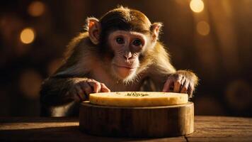 A monkey curiously examines a round cheese on a wooden surface in a warm, soft-lit setting. photo