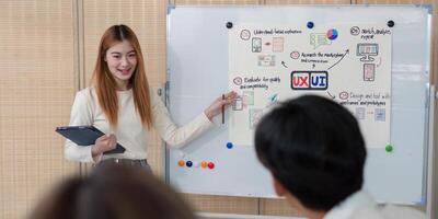 Engaged UX UI designer presenting insightful project ideas in a modern office meeting room photo