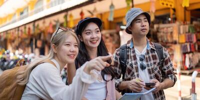 Friends navigating a vibrant market, excitedly discussing plans while traveling and exploring new experiences photo