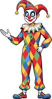 Cartoon joker character showing something with open hand palm vector