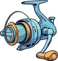 Fishing reel with line wrapped around spool for casting and retrieving fishing line vector