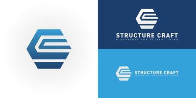 The dynamic logo design features the initials SC creatively integrated within a striking hexagonal shape, creating a unique symbol that evokes a sense of structure, stability, and architectural sign vector
