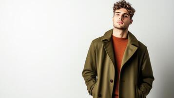 Stylish Man Showcasing Olive Trench Coat on White Background photo