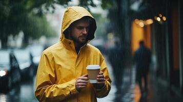 Yellow Raincoat Man Strolling Contentedly With Coffee in Hand photo