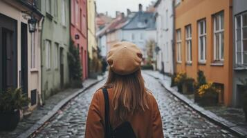 Girl in Tan Beret Strolling Down Cobblestone Street photo