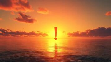 Exclamation Point Symbol Silhouetted against Serene Ocean Sunset photo