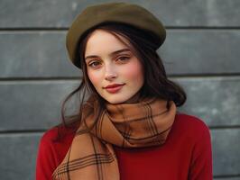 Cozy Classics Red Tee Mocha Scarf Olive Beret Combo photo