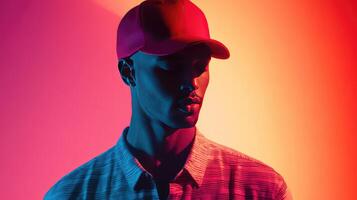 Bold Red Cap Fashionforward Man with Gradient Pizza Icon photo