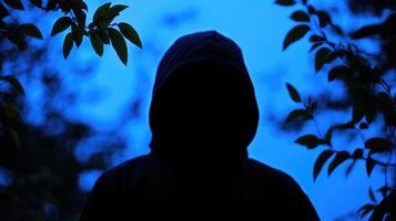 Silhouetted figure in hoodie basks in serene nocturnal ambiance photo