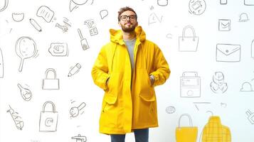 Stand Out in the Rain Male Model in Yellow Coat photo