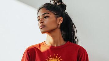 Serenity in Red A Womans Sunlit Stare photo