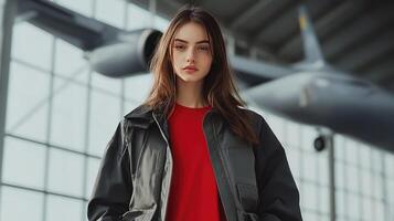 Stylish Female Model in Charcoal Grey Jacket with Calendar Icon photo