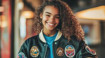 Confident Teenager Flaunts Personalized Varsity Jacket with Custom Patches photo