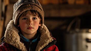 Contemplative youth in snug sherpalined coat gazes into distance photo