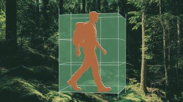 Man in Brown Boots Hiking Within Green Cube Outline photo
