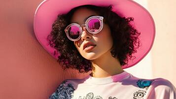 Stylish Sunhatted Girl Mixing Pink Graphics and Gears photo