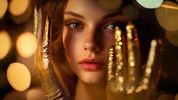 Golden Mystique A Girls Enigmatic Gesture through Soft Focus photo