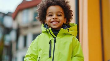 Cheerful Child in Vibrant Green Jacket Smiling Brightly photo