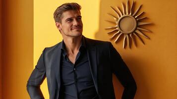 Confident Navy Gentleman Stands Proudly Next to Sun Icon photo