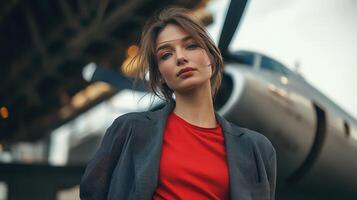 The Stylish Lady in Charcoal Grey and Red Ensemble photo