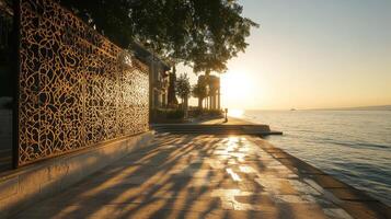 Sunlit Shore Elegant Metalwork Display with BaklavaLike Patterns photo