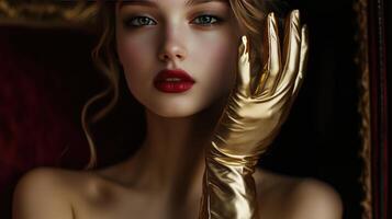 Luxurious Elegance A Portrait of a Girl in Gold Gloves photo