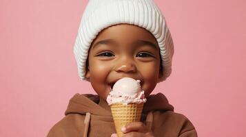 Smiling Boy In White Beanie Delights In Ice Cream photo