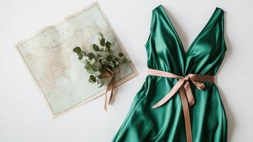 Elegant Emerald Green Nightgown Rests Beside Map Icon photo