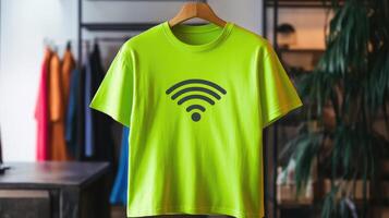 Vibrant Lime Green Tee Featuring Sleek WiFi Icon Emblem photo