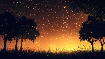 Starry Night Trees Silhouettes Dance Under Sparkling Sky photo