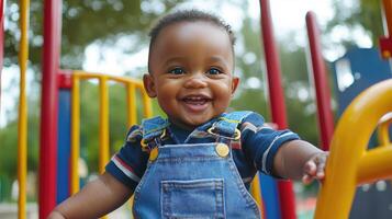Joyful Toddler Explores Vibrant Playground in Darling Overalls photo