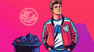 Retro Game Hero Teen in Varsity Jacket Stands Out photo