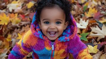 Joyful Toddler in Fleece Hoodie Frolicking in Autumn Leaves photo