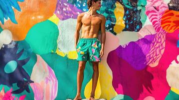 Vibrant Emerald Board Shorts Shine Bright Against Busy Background photo