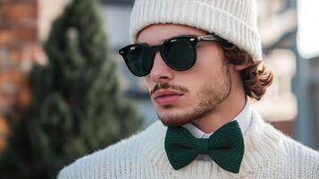 Classic Trend White Beanie and Pine Green Bow Tie Combo photo