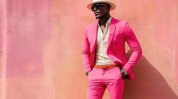 Vibrant Fuchsia Leggings Punctuate Mans Stylish Ensemble photo