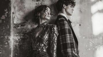 Sparkling Blouse Shines Bright Beside Man in Traditional Kilt photo
