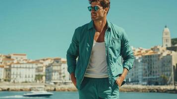 Emerald Green Board Shorts and Matching Jacket for Stylish Outing photo
