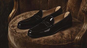Exuding Elegance Onyx Black Loafers Resting on Velvet photo