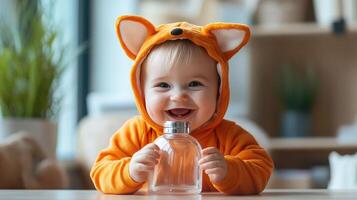 Adorable Baby in Fox Onesie Explores Flask Icon Happily photo
