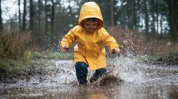 Vibrant Yellow Raincoat The PuddleSplashing Adventure of a Child photo