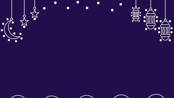 One line ramadan theme horizontal background loop animation. Dark blue Ramadan banner with outline of lanterns, moon and stars. Place for text video