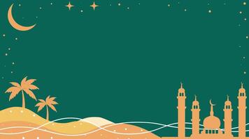 Ramadan kareem theme horizontal background loop animation. Green color ramadan with mosque, moon and tree. Place for text video