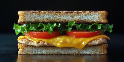 Delicious grilled chicken sandwich with fresh lettuce, tomato, and melted cheese on toasted bread photo