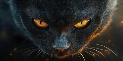 Mysterious black cat with striking amber eyes gazes intensely at the viewer in a dreamy atmosphere photo