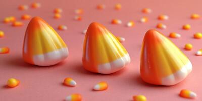Colorful candy corn arranged on a pink background with scattered pieces for festive decor photo