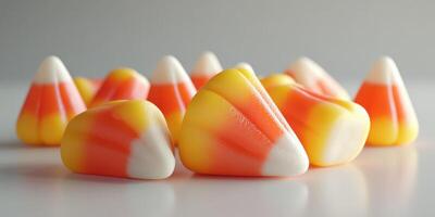 Colorful candy corn arranged on a flat surface perfect for fall festivities and Halloween celebrations photo