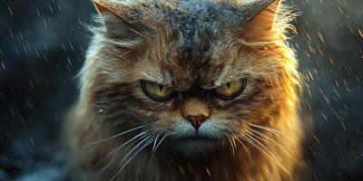 Intense close-up of a Persian cat displaying fierce expression in a moody, atmospheric setting photo